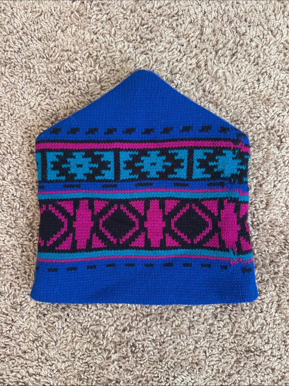 Vintage 90’s Blue Knit Beanie with Pink & Teal Aztec Pattern
